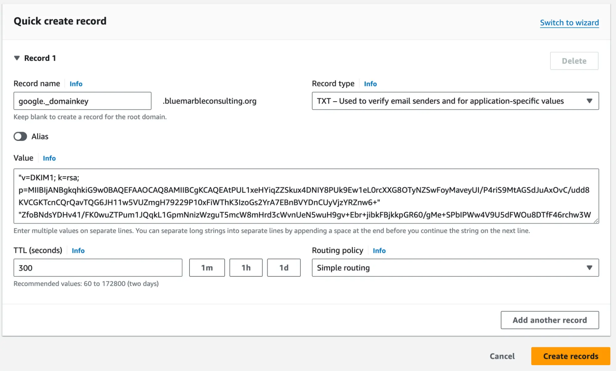 Image of an example DKIM DNS record in a Route 53 hosted zone