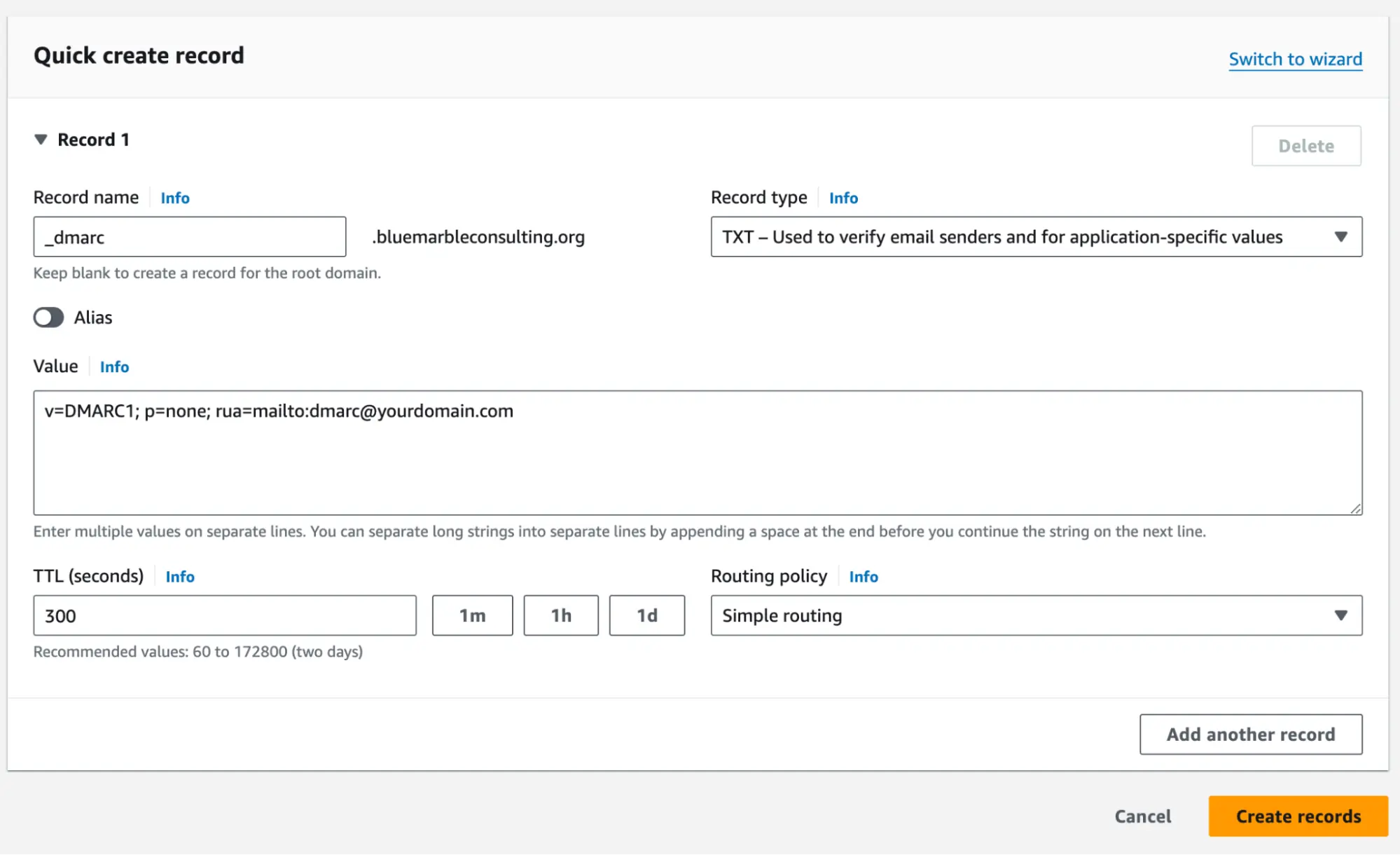 Image of an example DMARC DNS record in a Route 53 hosted zone