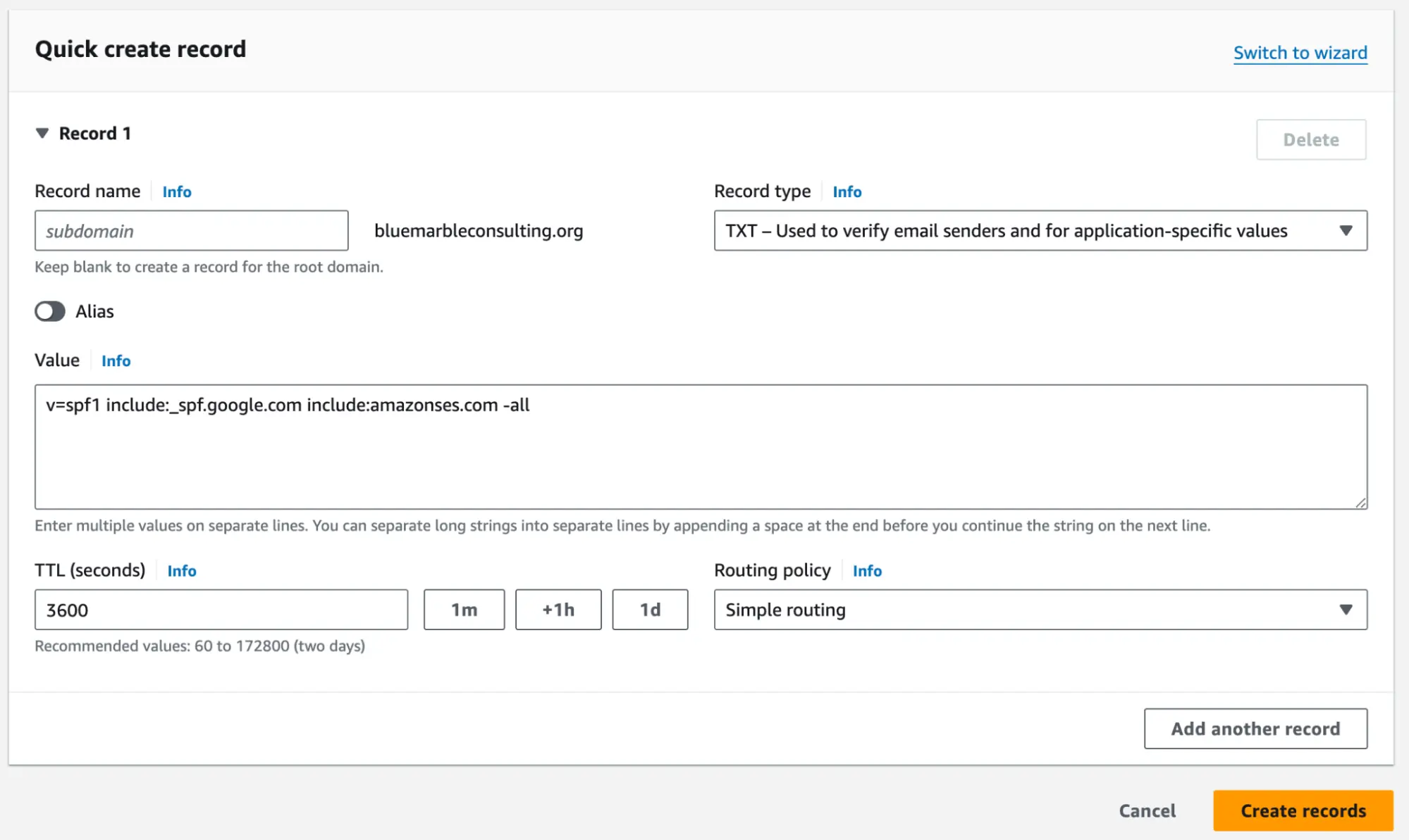 Image of an example SPF DNS record in a Route 53 hosted zone